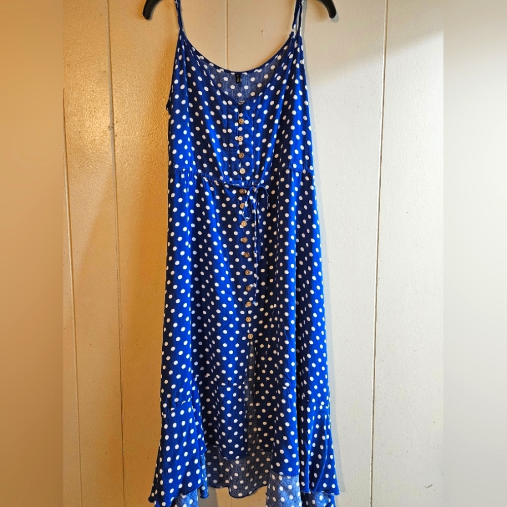 Brovave Blue Dress with White Polka Dots & Buttons - Size M